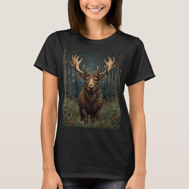 Camiseta Escena rústica de Navidad alce ciervo boho bosque  (Anverso)