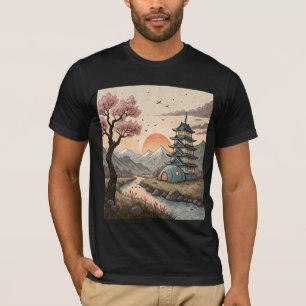 Camiseta Escena soñadora de pagoda en la montaña con río y 