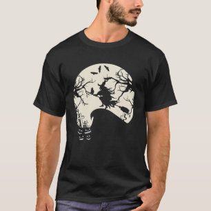 Camiseta Escoba De Brujas Con Gato En La Luna Halloween