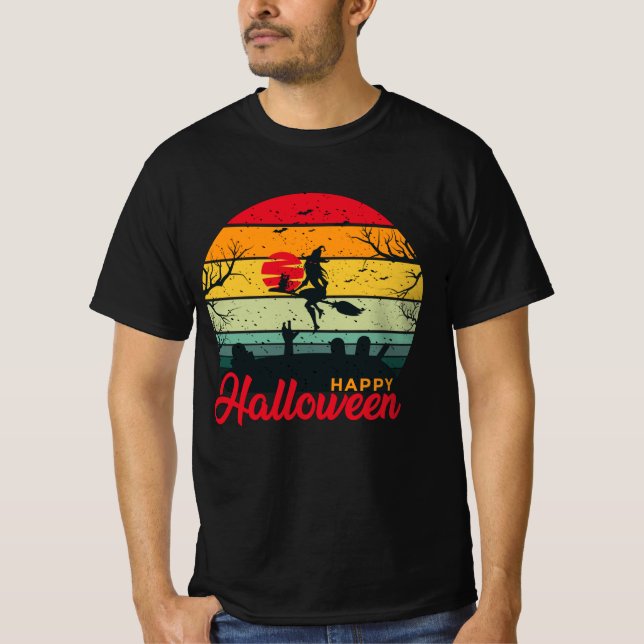 Camiseta Escoba voladora de brujas con felino Feliz Hallowe (Anverso)