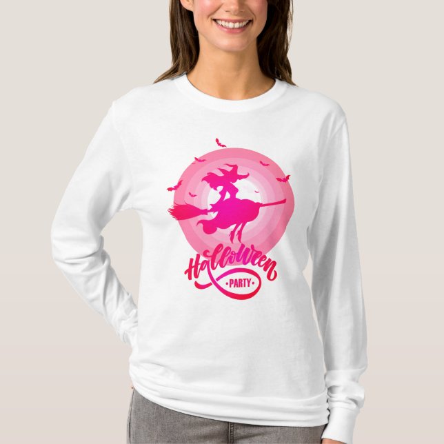 Camiseta Escoba voladora de brujas contra la luna llena (Anverso)