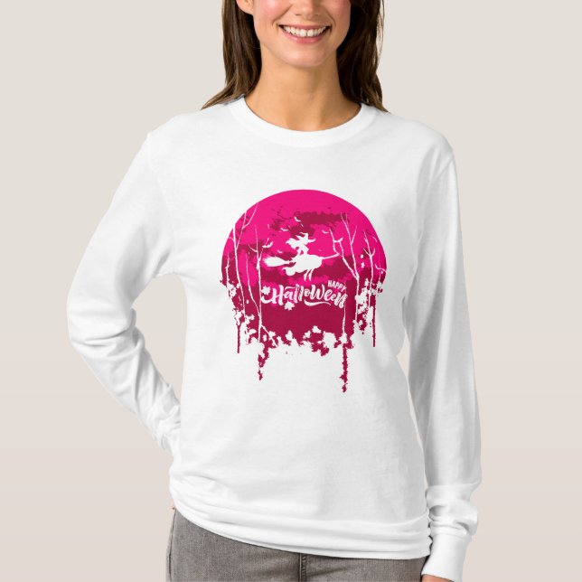 Camiseta Escoba voladora de brujas contra la luna llena (Anverso)
