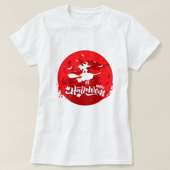 Camiseta Escoba voladora de brujas en noche roja (Diseño del anverso)