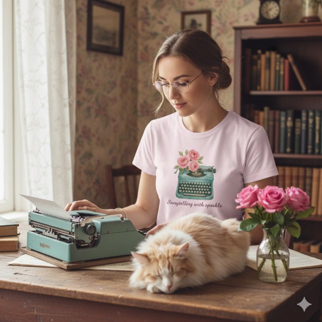Camiseta Escritor de cuentos de máquina de arte rosa (Vintage typewriter charm meets storytelling style—pink T-shirt with roses and Maine Coon cat. )
