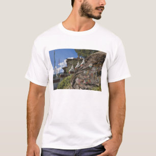 Camiseta escritura butanesa en rocas y chortens nepaleses