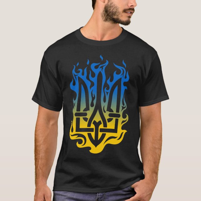 Camiseta Escudo de Ucrania Tridente fuego azul amarillo (Anverso)
