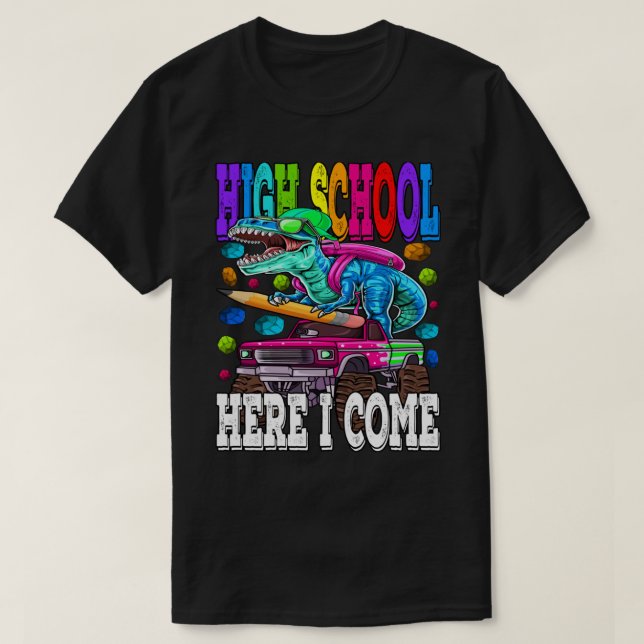 Camiseta Escuela Secundaria Acá Vengo Monster Camión Dinosa (Diseño del anverso)