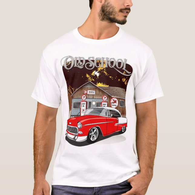 Camiseta Escuela vieja de Chevrolet Blanco y Rojo de 1955 (Anverso)