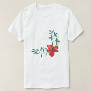 Camiseta esencial de flor roja y hoja verde en acu