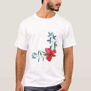 Camiseta esencial de flor roja y hoja verde en acu