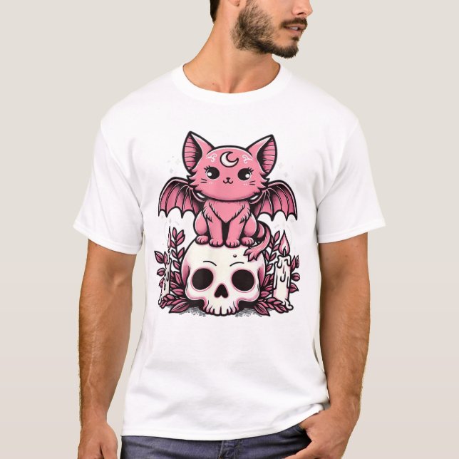 Camiseta esencial de gato esqueleto de Halloween (Anverso)