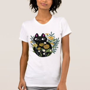 Camiseta esencial, gato negro con diseño de flores