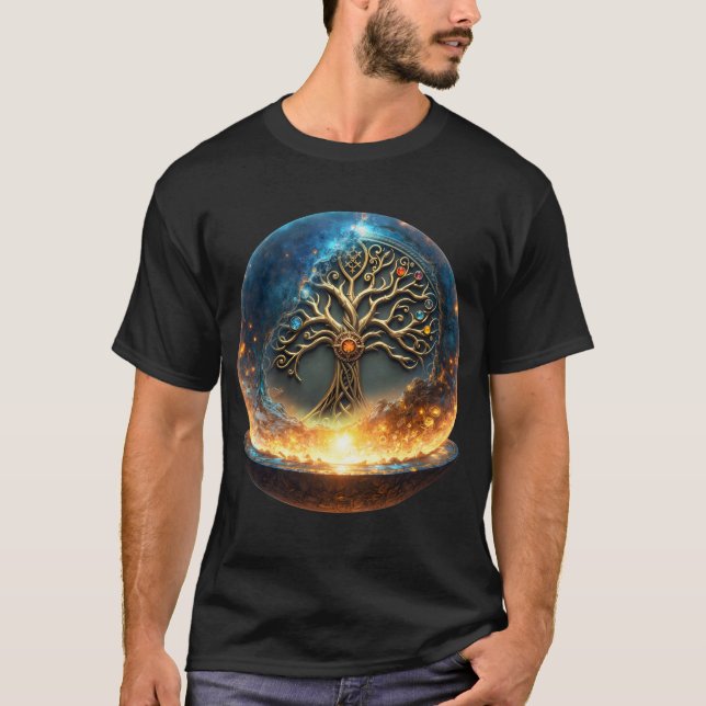 Camiseta Esfera de la Vida – El Árbol del Mundo Dorado.  (Anverso)