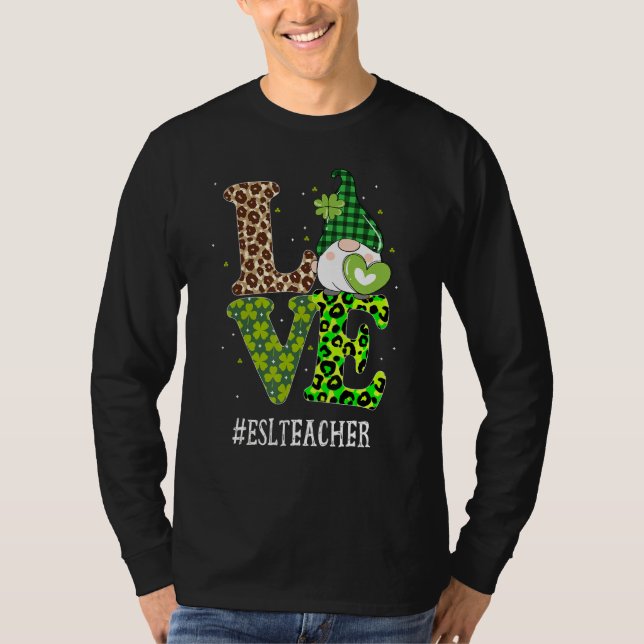 Camiseta Esl Teacher Love St Patricks Day Gnome Leopard Sha (Anverso)
