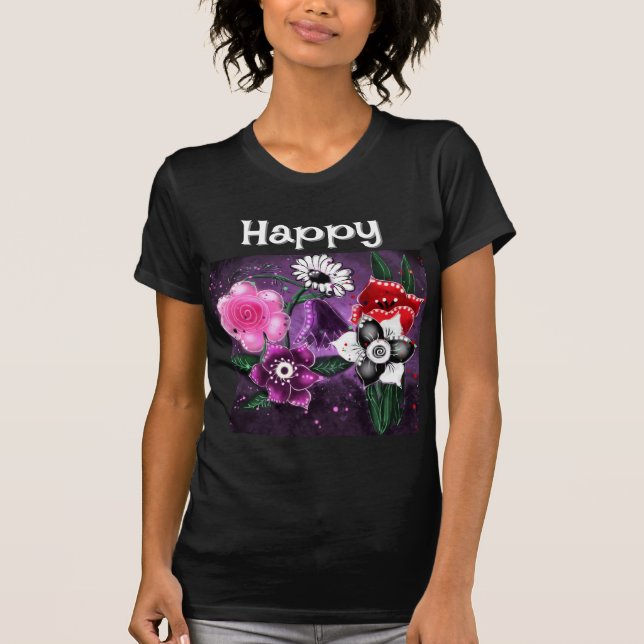 Camiseta Espectacular floral morado negro rosado margarita  (Anverso)