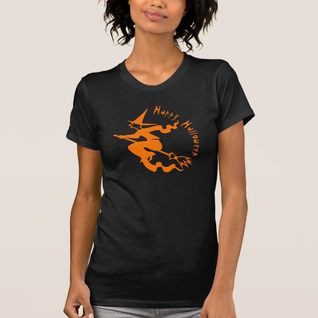 Camiseta Espeluznante Bruja Voladora Feliz Naranja de Hallo (Anverso)