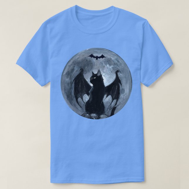 Camiseta Espeluznante Gato Negro De Luna Llena Con Bat Wing (Diseño del anverso)