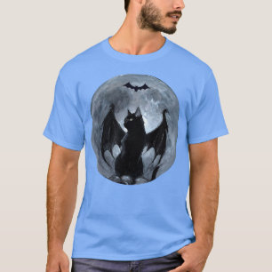 Camiseta Espeluznante Gato Negro De Luna Llena Con Bat Wing