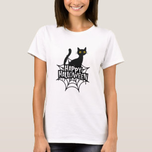 Camiseta Espeluznante gato negro en una telaraña feliz Hall