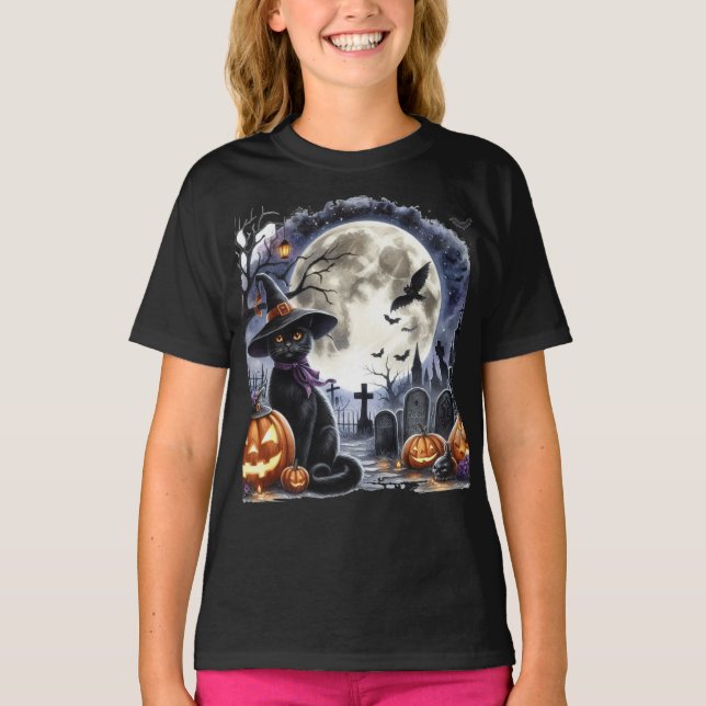 Camiseta Espeluznante Halloween Luna llena y gato negro (Anverso)