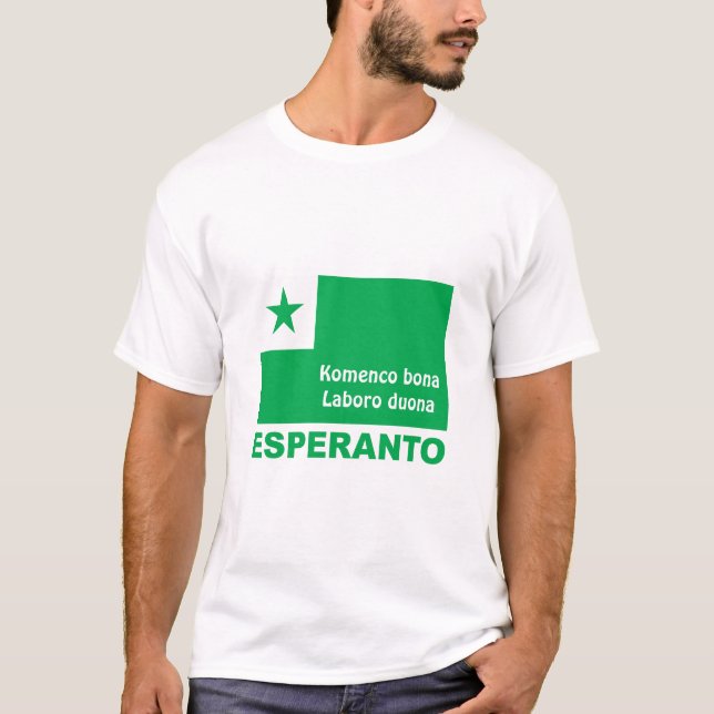 Camiseta Esperanto / "Komenco bona Laboro duona", (Anverso)