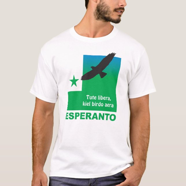 Camiseta Esperanto / "Tute libera, kiel birdo aera", (Anverso)