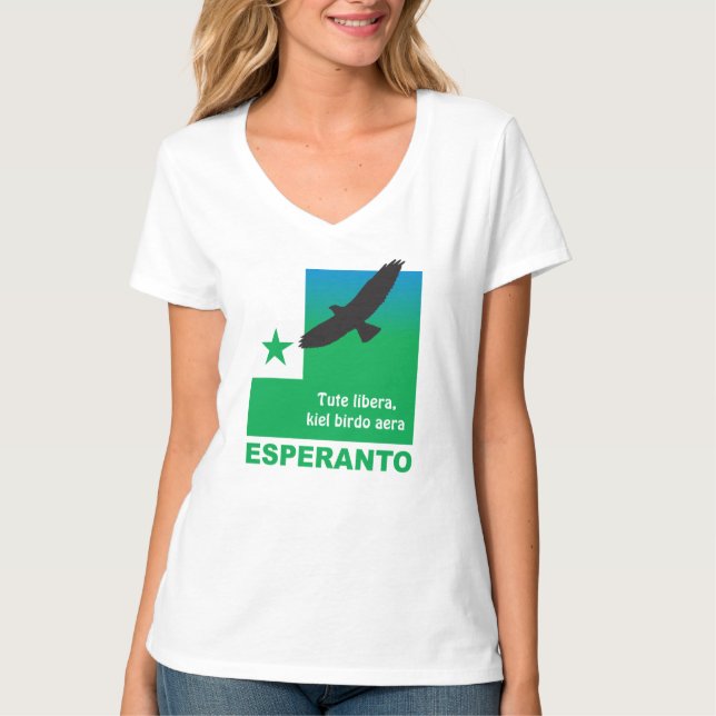 Camiseta Esperanto / "Tute libera, kiel birdo aera", (Anverso)
