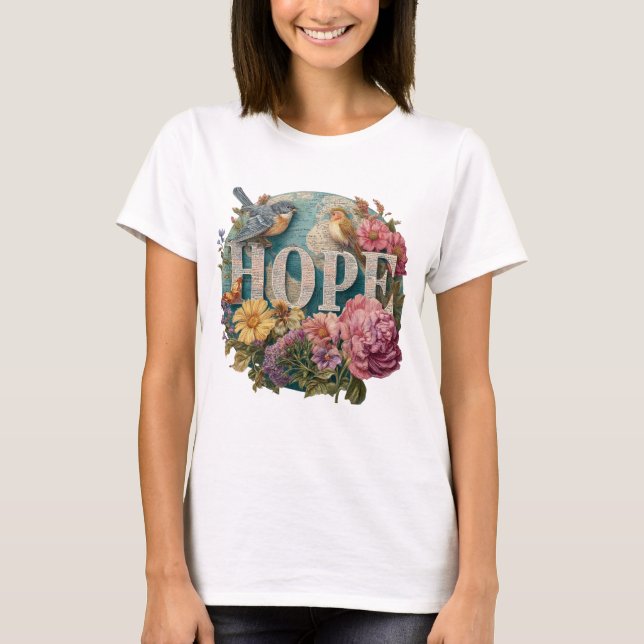 Camiseta Esperanza Tipografía floral con aves y botánicos (Anverso)