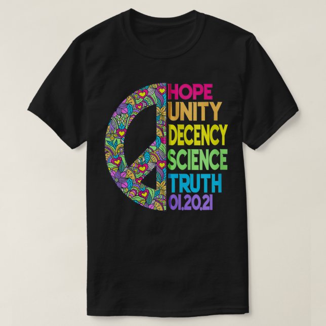Camiseta ESPERANZA UNIDAD DECENCIA CIENCIA VERDAD Igualdad  (Diseño del anverso)