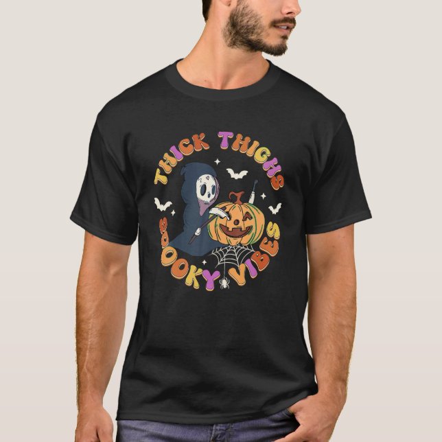 Camiseta Espesos Vibes espeluznantes Muerte Calabaza Retro  (Anverso)