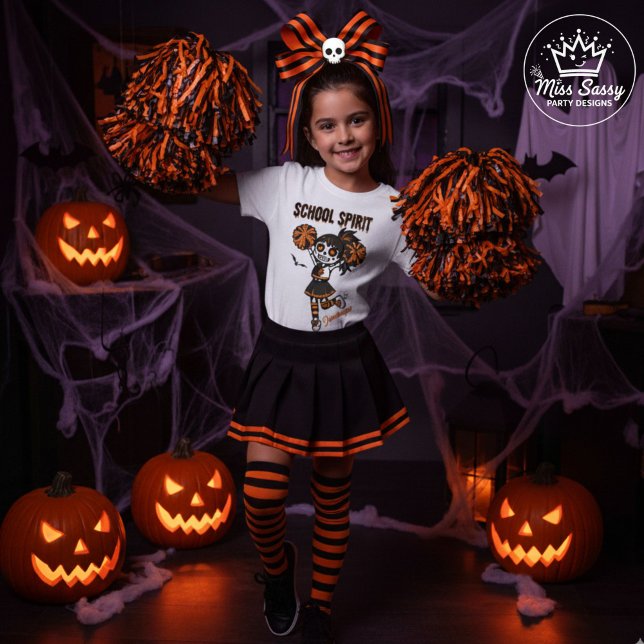 Camiseta Espíritu escolar de Halloween, animador del esquel (Spooky cheer spirit meets Halloween fun with this skeleton cheerleader tee perfect for school pride!)