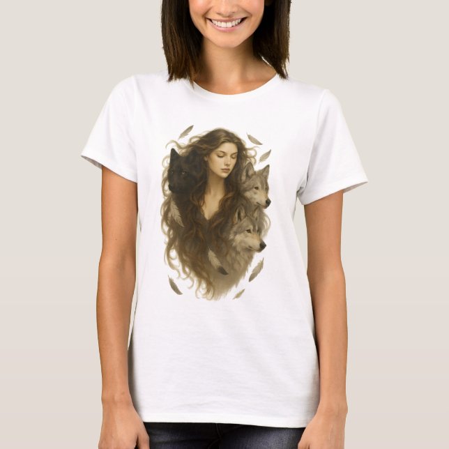 Camiseta Espíritu salvaje - Mujer mística con lobos (Anverso)
