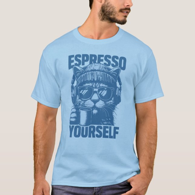 Camiseta "Espresso Yourself" Cool Cat with Coffee, Beanie (Anverso)