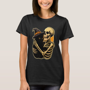 Camiseta Esqueleto Abrazando Gato Negro Halloween Bruja Lin