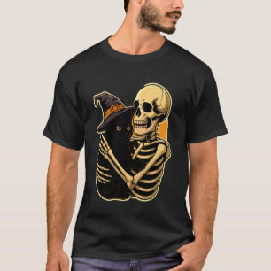 Camiseta Esqueleto Abrazando Gato Negro Halloween Bruja Lin