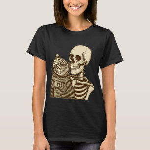 Camiseta Esqueleto Acariciando Gato Lindo Halloween Hombres
