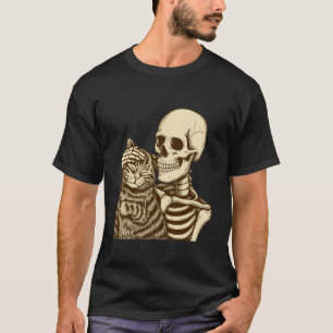 Camiseta Esqueleto Acariciando Gato Lindo Halloween Hombres