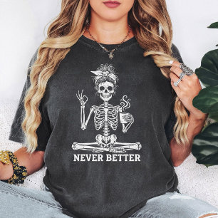 Camiseta Esqueleto Aficionado al Café con Moño Despeinado N