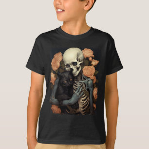 Camiseta Esqueleto antiguo sosteniendo un gato negro Hallow