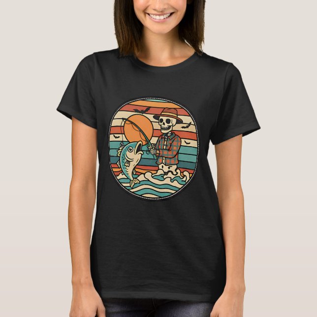 Camiseta Esqueleto Atardecer Pesca Divertido Halloween Espe (Anverso)
