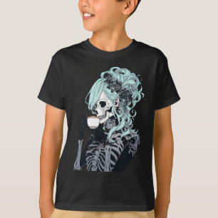 Camiseta Esqueleto bebiendo café desordenado Halloween Cost