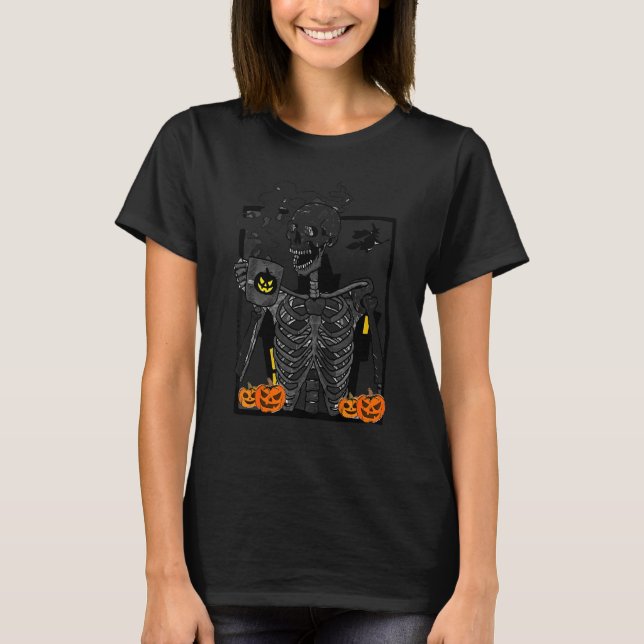Camiseta Esqueleto bebiendo café Disfraz de Halloween Cráne (Anverso)