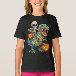Camiseta Esqueleto Caprichoso Montando T-Rex Momia Hallowee