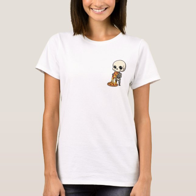 Camiseta Esqueleto Chibi Adorable Devorando Pepperoni Con Q (Anverso)