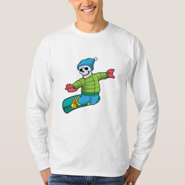 Camiseta Esqueleto como snowboarder con snowboard (Anverso)