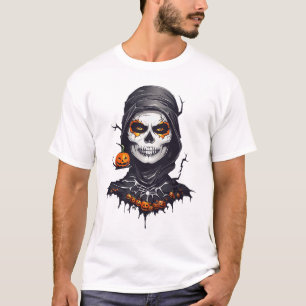 Camiseta Esqueleto con capa negra Arte de Halloween con IA