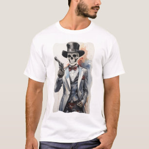 Camiseta Esqueleto con esmoquin sosteniendo un revólver