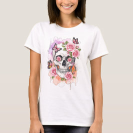 Camiseta Esqueleto con rosas rosas rosas rosas y mariposas