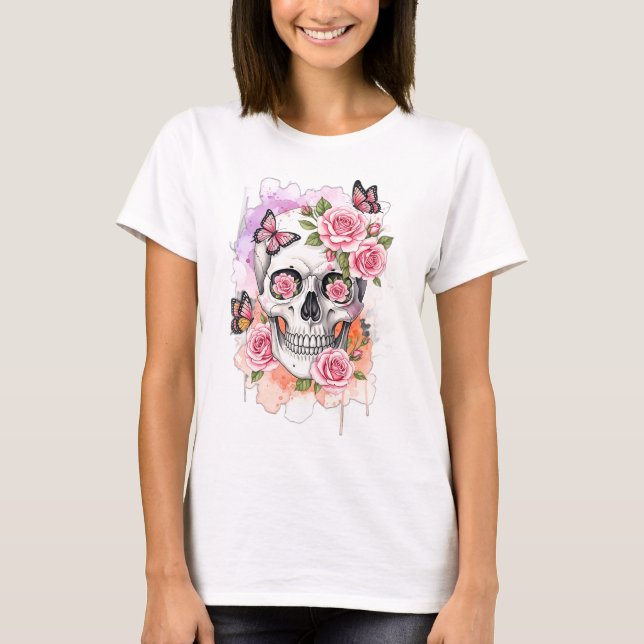 Camiseta Esqueleto con rosas rosas rosas rosas y mariposas (Anverso)