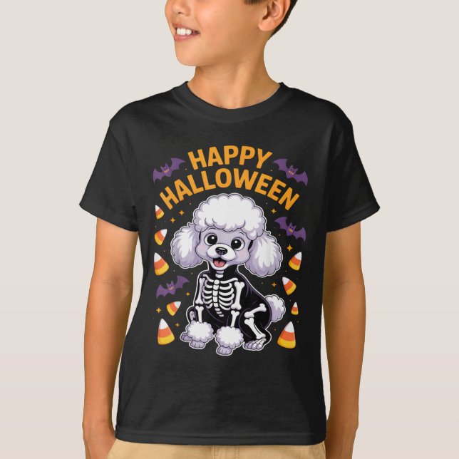 Camiseta Esqueleto de caniche Feliz Halloween (Anverso)